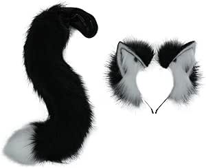 VIGVAN Animal Cosplay Wolf Ears and Tail Fox Cat Ears Tail Raccoon Cosplay Tail (Black White Ear Tail) Cosplay Tail, Wolf Ears And Tail, Cat Ears And Tail, Wolf Tail, Animal Cosplay, Party Cat, Wolf Ears, Cat Cosplay, Anime Party