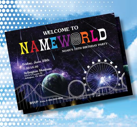 Astroworld Party Invitation [PERSONALIZED] | My Site Astro World Party Theme, Astroworld Theme Party, Astroworld Birthday Party, Astro World Birthday Party, Travis Scott Party Theme, Travis Scott Birthday, Astro World Travis Scott, Homecoming Themes, Boys First Birthday Party