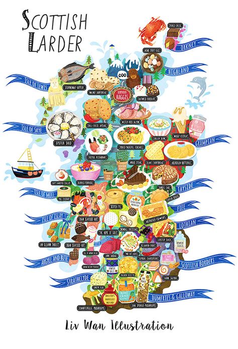 A delicious Scotland food map illustration illustrated by Edinburgh based illustrator Liv Wan Food Map Illustration, Map Of Uk, Scotland Food, Map Illustrations, Scotland Culture, Food Map, Scotland Map, Scotland Forever, Map Illustration