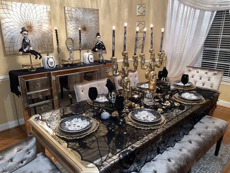 Halloween formal dining Gothic Dining Table Decor, Gothic Dining Room Table, Spooky Dining Room Decor, Formal Dining Room Table Decor, Halloween Formal Dining Table, Skeleton Dining Table Decor, Formal Dining Room Decor, French Halloween, Formal Dining Room Table