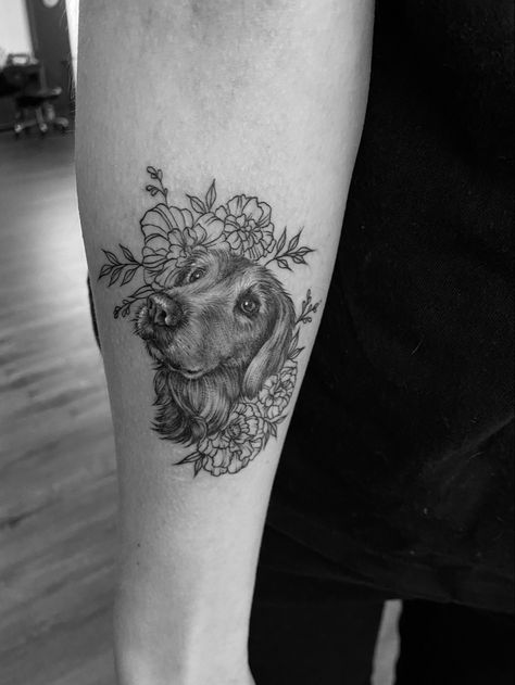 Black And Grey Dog Portrait Tattoo, Dog And Floral Tattoo, Tattoo Dog Portrait, Black And Grey Pet Portrait Tattoo, Dog Portrait Tattoo Placement, Fine Line Pet Portrait Tattoo, Pet Portrait Tattoos, Dog Tattoo Flowers, Dog Portrait Tattoos