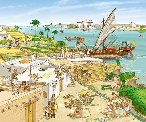 The Nile River was the bedrock of Egyptian Cvilization. Egyptians used it to irrigate their fields, transport commercial goods, and expand their military power in the region. (~6000 BC; Nile, Egypt) Egyptian Village, Nile Egypt, Ancient Egyptian Cities, Ancient Egyptian Architecture, Egypt Concept Art, Ancient World History, Military Illustration, The Nile River, Ancient Near East