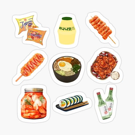 Cute Food Stickers Printable, Korean Food Stickers, Food Sticker, Korea Food, Korean Stickers, Food Label, Cute Food Drawings, Food Drawings, Sticker Template