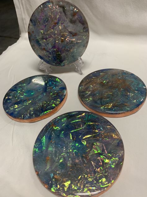 Opal Art Resin, Opal Resin Art Tutorial, Holographic Resin Coaster, Geode Coasters Resin, Geode Resin Coasters, Opal Art, Resin Coaster, Resin Coasters, Resin Projects