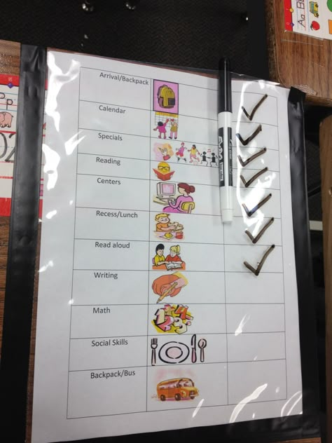 Picture schedule. Simply check off each event as you go through the day. Schedule is in a page protector and taped to student desk. Just wipe clean each day and re use. Visual Schedule For Student Desk, Morning Routine For Kids, Routine For Toddlers, Daily Routine Chart For Kids, Morning Routine Kids, Picture Schedule, Routine For Kids, Kids Routine Chart, Visual Schedules