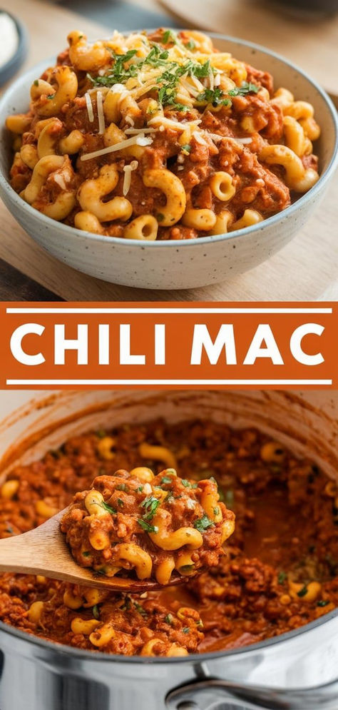 One-Pot Chili Mac – This one-pot Chili Mac is easy, cheesy, and ready in no time! Perfect for busy weeknights, it combines the warmth of chili with cheesy pasta goodness in one delicious meal. Max And Cheese Chili, Dutch Oven Chili Mac, Chili With Elbow Macaroni, Chili With Noodles Recipe, Meals With Chili, Chilli Mac Recipe, Chili Recipe With Noodles, Cheddar Chili Mac, Chilli Mac And Cheese