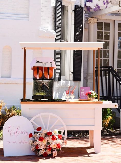 10 of the Best Mobile Bar Carts for Your Wedding Bar Cart Wedding, Wedding Bar Cart, Shades Of Pink Wedding, Daiquiri Bar, Beverage Station Party, Diy Wedding Bar, Mobile Bar Cart, Prosecco Van, Woodbine Mansion