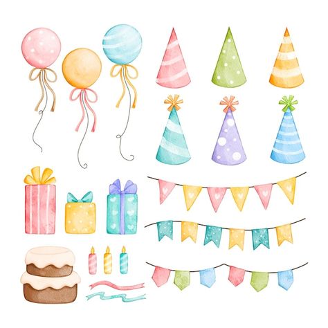 Birthday Illustration Art, Birthday Elements, Cake Watercolor, Watercolor Balloons, Party Elements, Birthday Party Clipart, Word Cloud Art, Illustration Birthday, Watercolor Party