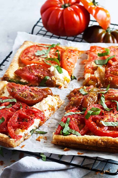 Easy Tomato Ricotta Tart Tomato Tart With Ricotta, Tomato And Ricotta Tart, Tomato Pie With Ricotta Cheese, Tomato Tart Puff Pastry Ricotta, Puff Pastry And Ricotta Recipes, Tomato Ricotta Tart, Ricotta Puff Pastry Recipes, Parmesan Shortbread, Easy Tomato Tart