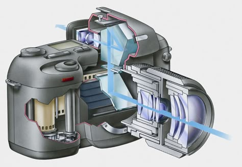 Cross section Illustration of SLR camera with film inside Cross Section Illustration, Chopper Plane, Section Illustration, Dslr Lens, Deconstructivism, Gopro Photography, Photography Advice, Nikon Dslr, Leica Camera