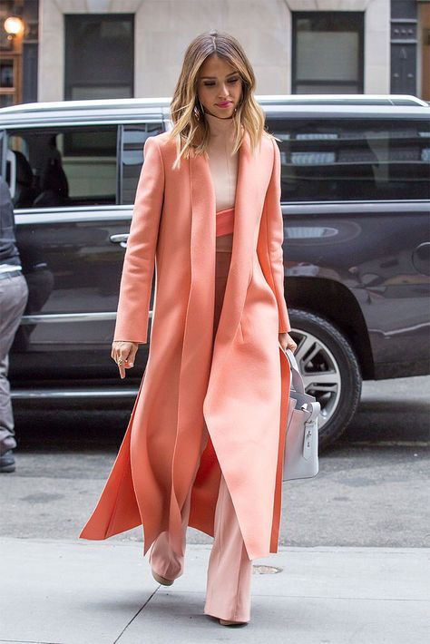 Spring Things : Jessica Alba in Shades of Sorbet Coral Outfit, Celebrity Style Guide, Living Coral, Long Winter Coats, Artistic Inspiration, Jessica Alba, Long Coat, Style Guides, Celebrity Style