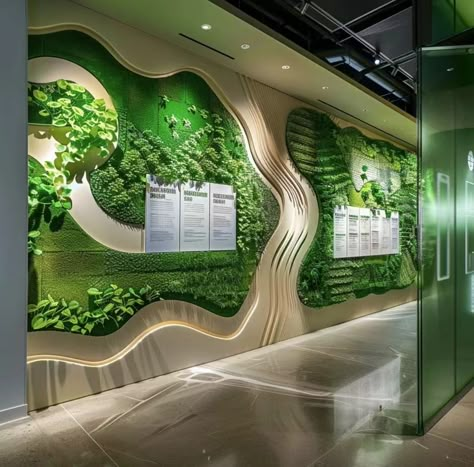 Naturopathy Centre Design, Concept For Interior Design, Green Lobby, Biophilic Office Design, Luxury Office Design, Play Therapy Office, Wall Moss, Sustainable Office, Green Bank