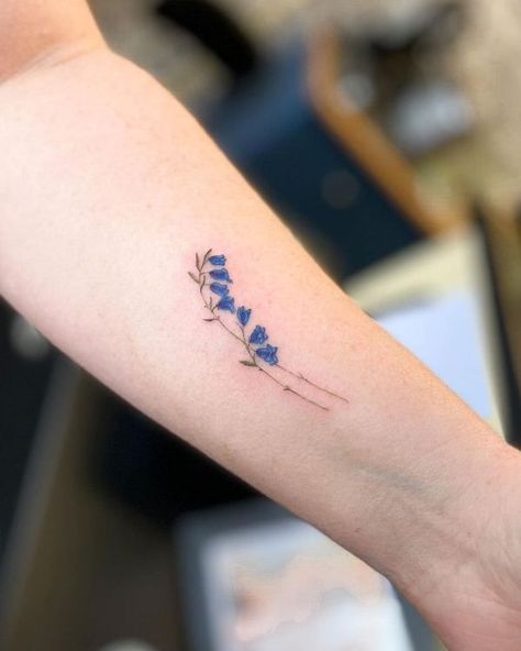 Bluebells Flower Tattoo, Bluebell Tattoo, Unicorn Tattoo Designs, Blue Flower Tattoos, Belle Tattoo, Flower Tattoo Drawings, Flower Wrist Tattoos, Blue Bell Flowers, Intricate Tattoo