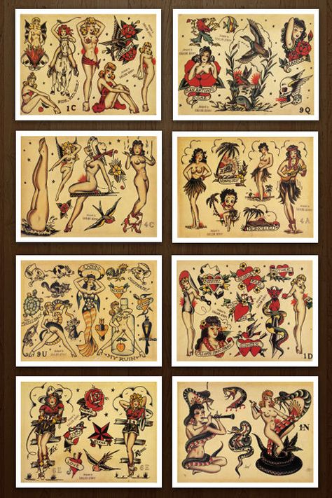 Page Tattoo, Vintage Tattoo Flash, Sailor Jerry Flash, Sailor Jerry Tattoo Flash, Sailor Tattoos, Sailor Jerry Tattoos, Traditional Flash, Tattoos Geometric, Tattoo Flash Sheet