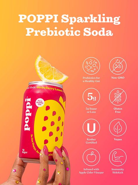 Elevate your wellness routine with POPPI Sparkling Prebiotic Soda, the ultimate beverage choice for those seeking gut health and immunity benefits. Crafted with apple cider vinegar, seltzer water, and fruit juice, these refreshing and invigorating drinks offer guilt-free enjoyment with their low-calorie and low-sugar content. Packed with prebiotics, they nourish your gut and promote a healthy digestive system. Experience a variety of flavors with our Fun Favs Variety Pack, containing 12oz cans. Poppi Drinks Aesthetic, Prebiotic Soda, Rainbow Products, Healthy Refreshing Drinks, Soda Ads, Beverage Branding, Hydration Drink, Water Fruit, Probiotic Yogurt