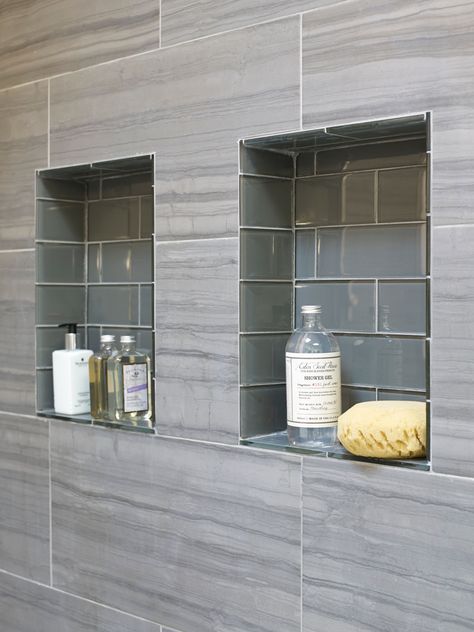 22 Clever and Stylish Shower Niche Ideas Shower Wall Storage Built Ins, Shower Niche Finishing, Shower Cubbies Ideas, Showers With Inset Shelves, Two Shower Niches Side By Side, Shower Floor And Niche Tile, Shower Niche Accent Tile, Recessed Shower Shelves, Shower Cubby Ideas Built Ins