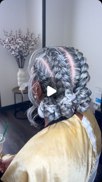 Stitch Braids With Boho, Gray Braids For Black Women, Salt And Pepper Braids Black Women, Grey Braids, Goddess Braid Ponytail, Grey Hair Braids, Natural Braided Hairstyles, Natural Girl, Salt And Pepper Hair