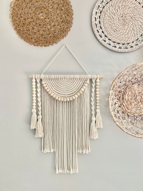 * Denara *  Materials:  Wooden Dowel Natural Wooden Beads  4 MM Macramé Cord Measurements: Length: 23 inches  Width: 17 inches Macrame For Outdoors, Macrame Wall Hanging Ideas, Macrame Style, Macrame Wall Hanger, Macrame Knots Pattern, Macrame Wall Decor, Embroidery Diy, Macrame Ideas, Macrame Knots