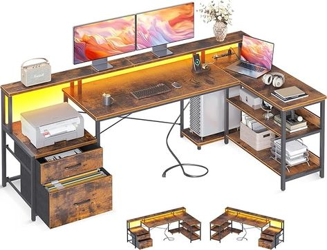 Amazon.com: ODK L Shaped Desk with File Drawer, 75" Reversible L Shaped Computer Desk with Power Outlet & LED Strip, Office Desk with Storage Shelves, Gaming Desk with Monitor Shelf, Corner Desk, Vintage : Home & Kitchen Gaming Desk With Drawers, L Shaped Desk With Storage, Printer Storage, L Shaped Computer Desk, Desk With File Drawer, Desk With Monitor, Printer Cabinet, Monitor Shelf, L Shaped Office Desk