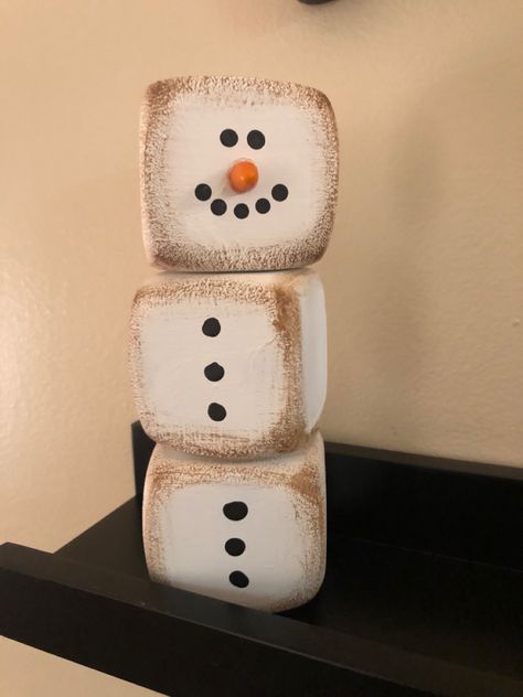 Dice Snowman, 4 By 4 Snowman, Rustic Christmas Crafts Diy, Dollar Tree Dice Snowman, 4x4 Snowmen Wooden Blocks, 2x4 Snowman Wooden Snowmen, Block Snowman Wooden, Rustic Christmas Crafts, Marshmallow Crafts