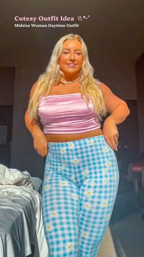 Love this look? Save this pin for your next outfit inspo! And follow me for more fun, inclusive midsize fashion ideas.

I'm loving this combo of a pretty pink crop top and these adorable gingham floral leggings. It's comfy, fun, and perfect for us curvy gals who want to feel cool and confident.

#MidsizeCropTopAndLeggings #GinghamFloralLeggings #FunMidsizeFestivalOutfit Summer Fashion Midsize, Woman Summer Fashion, Outfit Ideas Midsize, Fashion Midsize, Cutesy Outfit, Midsize Fashion, Crop Top And Leggings, Pink Crop Top, Next Clothes