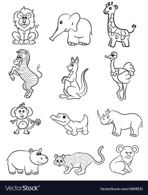 Zoo Animals Printables Free, Zoo Animals Illustration, Black And White Animal Pictures, Animals Printables For Kids, Zoo Animal Drawings, Zoo Animals Drawing, Wild Animal Drawing, Wild Animal Coloring Pages, Cute Zoo Animals