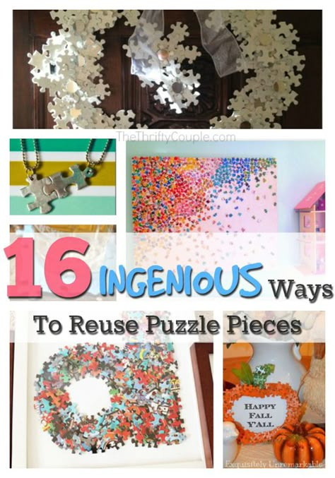 16 Ingenious Ways To Reuse Puzzle Pieces (Don't Throw Them Away!) | Kids Craft idea | Repurpose and recycle from around the house Craft Ideas With Puzzle Pieces, Puzzle Piece Crafts Diy, Puzzle Piece Diy Crafts, Jigsaw Puzzles Crafts, Christmas Crafts With Puzzle Pieces, Puzzle Piece Canvas Art, Craft Puzzle Pieces, Puzzle Pieces Wreath, Recycle Puzzle Pieces Ideas