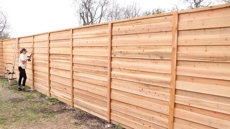 Building A New Horizontal Fence! — MAKER GRAY Staggered Horizontal Fence, 8ft Privacy Fence Ideas, Horizontal Privacy Fence Ideas, Build A Fence On A Budget, Horizontal Wood Fence Design, Diy Horizontal Wood Fence, Horizontal Privacy Fence, Horizontal Cedar Fence, Horizontal Fence Ideas