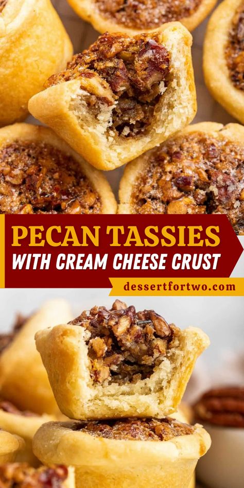 Pecan tassies are cream cheese cookie dough cups stuffed with chewy, sweet pecan centers. They taste just like a mini bite of pecan pie--heavenly! One of my favorite Southern holiday cookies! Betty Crocker Pecan Pie Cookies, Tea Tassies Cookies, Pecan Cup Cookies, Pecan Pie Tassies Recipe, Nut Cup Cookies, Mini Pecan Tassies, Nut Cups Recipe Pecans, Pecan Cups Mini, Walnut Tassies Recipe