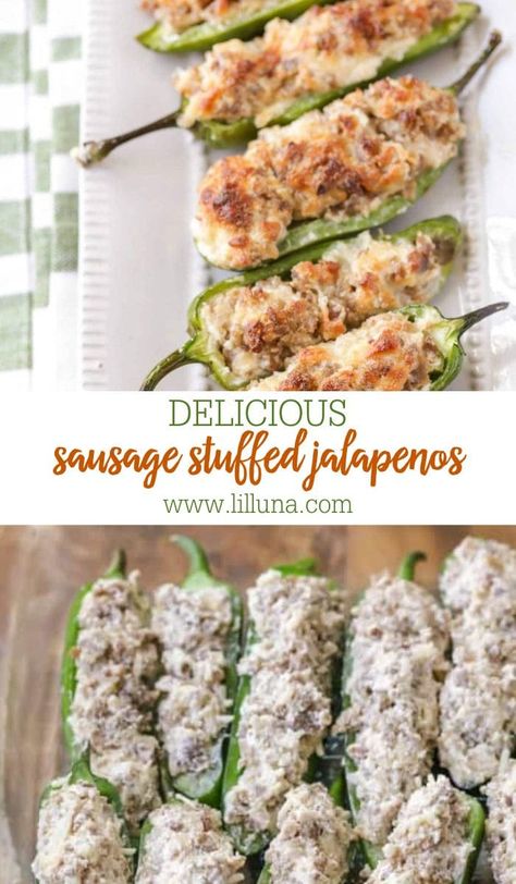 Sausage stuffed jalapeños are filled with cream cheese and baked to perfection. They're a must-have appetizer at your next party. #sausagestuffedjalapenos #stuffedjalapenos #jalapenos #sausage #stuffedpeppers Sausage And Cheese Stuffed Peppers, Sausage Stuffed Jalapeno Peppers, Appetizers With Jalapenos, Smoked Stuffed Jalapeno Peppers, Stuffed Jalapeno Peppers Cream Cheese, Jalapeno Ideas, Jalapeno Poppers With Sausage, Sausage Stuffed Jalapenos, Cream Cheese Jalapeno Poppers