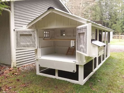 Classic Carolina Coop in Woodinville, WA that is 6’x18’. It has board and batten siding, black roofing and hardware. This walk-in chicken coop also has our heated poultry water system with a rain barrel. Another add-on is the chicken run door. It has our signature deep litter beds, so no cleaning the henhouse for at least a year or more! https://carolinacoops.com/ 919-794-3989 Chicken Coop With Rain Barrel, Deep Bedding Chicken Coop, Chicken Coop 6 Chickens, Deep Litter Chicken Coop, Easy To Clean Chicken Coop, Carolina Coop, Building Chicken Coop, Walk In Chicken Coop, Cute Chicken Coops