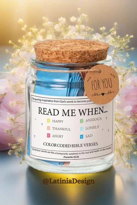 Discover solace and inspiration in our 'Read Me When' Bible Verses Jar! Filled with emotion-filled scriptures and uplifting messages, this glass prayer jar is perfect for moments when you need a reminder of faith and hope. Each verse comes with a coloring Bible verse card, making it a thoughtful gift for loved ones or a meaningful addition to your own spiritual journey. Get yours today and let the words of Scripture soothe your soul. #ChristianGifts #FaithJourney 🙏✨ Jar Of Messages Ideas, How To Make Bible Verse Jar, Bible Verse Ideas Crafts, Read Me When Jar Ideas, Jar Cards Ideas, Scripture Jar Ideas, Scripture Box Ideas, Read Me When Jar, Jar Messages Ideas