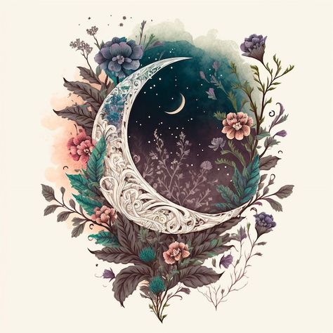 Photo floral crescent moon | Premium Photo #Freepik #photo #crescent #luna #crescent-moon #moon-illustration Moon Design Art, Floral Crescent Moon, Crescent Moon Art, Celestial Tattoo, Jewel Tattoo, Forest Tattoos, Rose Illustration, Floral Moon, Floral Tattoo Design