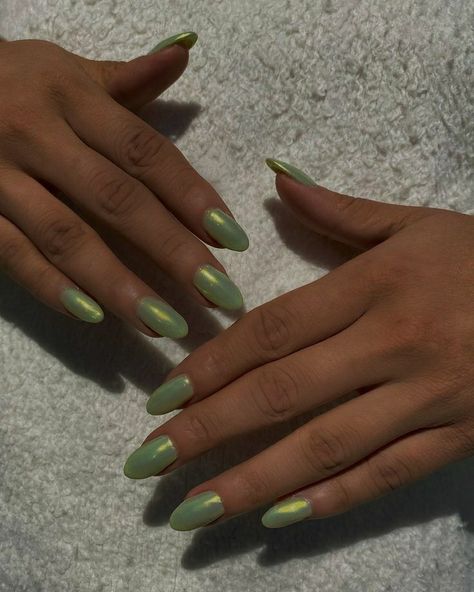 Green Glazed Donut Nails, Light Green And Gold Nails, Light Green Chrome Nails, Nail Metallic, Matte Green Nails, Kristina Krayt, Green Acrylic Nails, Glitter Accent Nails, Green Nail Art