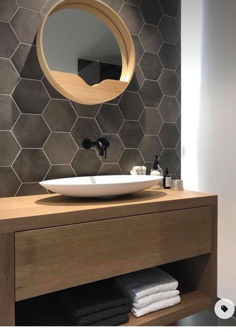 Hexagon Tile Accent Wall, Tiled Walls In Powder Room, Hexagon Tile Half Bathroom, Bathroom Tiles Hexagon, Small Bathroom Ideas Hexagon Tiles, Main Bathroom Tile Ideas, Small Powder Room Accent Wall, Bathroom With Hexagon Tiles, Powder Room Tile Accent Wall