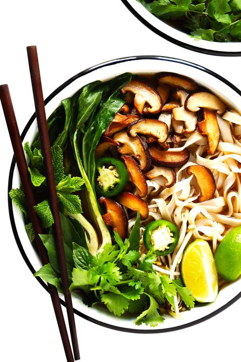 This easy vegan pho recipe is made with the most delicious savory broth, rice noodles, your choice of veggies, and lots of fresh herbs and toppings. This soup is healthy, hearty comfort food...and so delicious! | gimmesomeoven.com #pho #vegan #vegetarian #glutenfree #dinner #healthy #plantbased #soup Pho Recipes, Vegan Pho Recipe, Pho Soup Recipe, Vietnamese Noodle Soup, Vegetarian Pho, Vegan Pho, Pho Recipe, Pho Soup, Healthy Asian Recipes