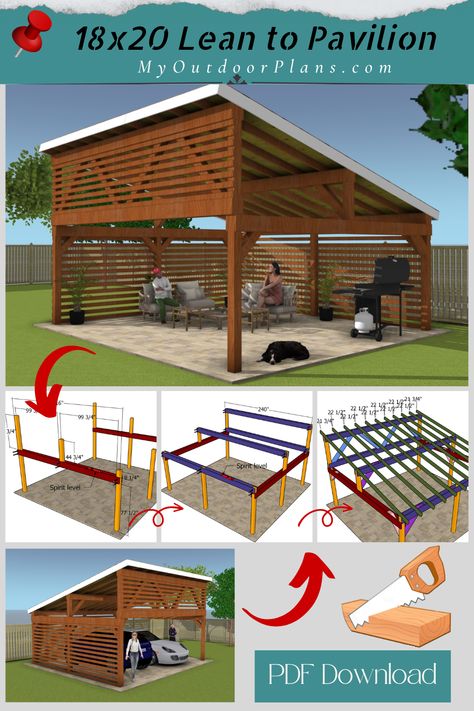 18×20 Lean to Pavilion Plans | MyOutdoorPlans Diy Lean To Patio Cover, Lean To Pavilion, Lean To Carport, Wooden Carports, Building A Carport, Lean To Roof, Pavilion Plans, Diy Gazebo, Carport Plans