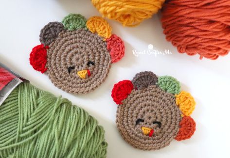 Crochet Turkey Coaster - Repeat Crafter Me Easy Thanksgiving Crochet Crafts, Thanksgiving Crochet Coasters, Turkey Crochet, Crochet Turkey Coaster Free Pattern, Thanksgiving Crochet Patterns Free Pot Holders, Crochet Turkey, Crochet Turkey Coaster, Turkey Patterns Free Printable, All Free Crochet Thanksgiving Coasters