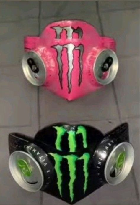 Monster Cans Mask, Monster Energy Costume, Monster Mask Diy, Monster Can Mask, Gas Mask Diy, How To Make A Monster Energy Mask, Things To Do With Monster Energy Cans, Monster Energy Drink Can Crafts, Things To Do With Monster Cans