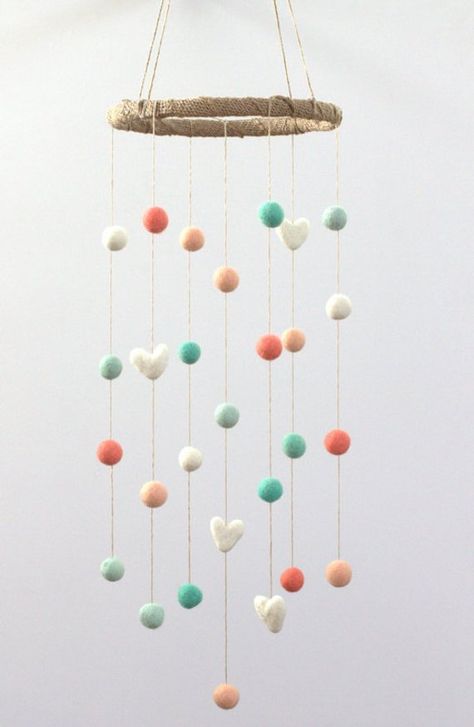 Felt Pom Pom, Macrame Rug, Pom Pom Balls, Heart Nursery, Diy Baby Mobile, Girl Nursery Themes, Coral Aqua, Rustic Nursery