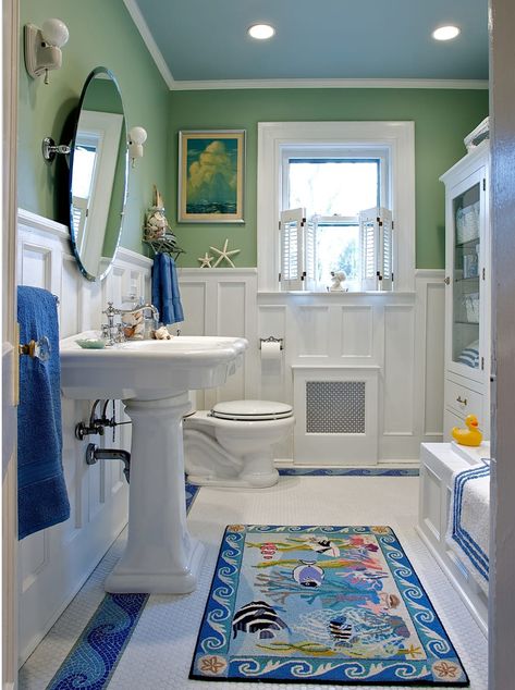 Nautical Bathroom Design Ideas, Craftsman Bathroom, Nautical Bathroom, Tropical Bathroom, Nautical Bathroom Decor, Nautical Bathrooms, Coastal Bathrooms, White Bath, Pedestal Sink