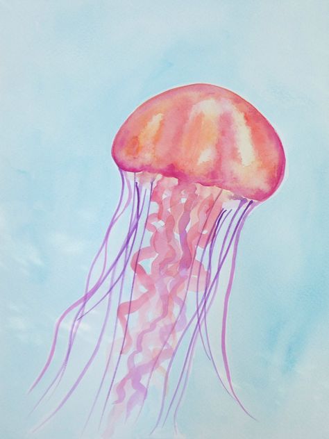 Day 7: Jellyfish, 30 min watercolor Jellyfish Watercolor Easy, Sealife Watercolour, Jellyfish Painting Easy, Jellyfish Watercolor Painting, Sealife Watercolor, Pet Wallpaper, Watercolor Jellyfish, Jellyfish Painting, Summer Drawings