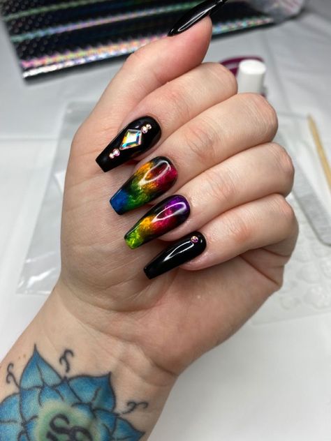 Pride Nails Almond, Black Pride Nails, Nail Designs With Foil, Black Nails With Rainbow, Black Rainbow Nails, Rainbow Nails Short, Nails With Rainbow, Pride Accessories, Pride Nails