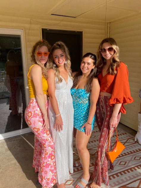 Cute Disco Outfit Ideas, Retro Pool Party Outfit, 70s Outfits Bachelorette, Groovy And Boozy Bachelorette Outfits, Dazed And Engaged Outfits, Mama Mia Outfits Bachelorette Party, Disco Outfit Bachelorette Party, Last Disco Outfit, Retro Bachelorette Party Outfit