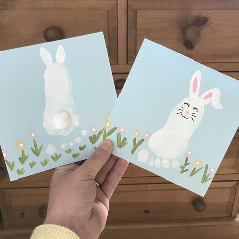 Baby footprint bunny rabbit cards for Easter Handprint Easter Cards, Baby Easter Cards Footprint, Easter Hand Or Footprint Craft, Easter Hand Print Art, Baby Easter Cards, Baby Easter Card Ideas, Easter Baby Feet Art, Newborn Easter Craft Ideas, First Easter Footprint Art