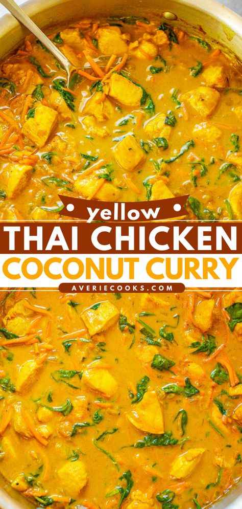 Thai Yellow Curry Recipe (with Chicken) - Averie Cooks Thai Chicken Coconut Curry, Yellow Curry Recipe, Chicken Coconut Curry, Thai Coconut Curry, Thai Yellow Curry, Thai Curry Recipes, Thai Chicken Curry, Chicken Coconut, Curry Recipes Easy