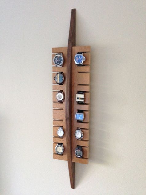 Handmade surf inspired watch display rack in solid by BoisdeVivre Watch Display Ideas, Into The Wood, Watch Stand, Watch Holder, Watch Storage, Watch Display, Diy Holz, Into The Woods, Wooden Watch