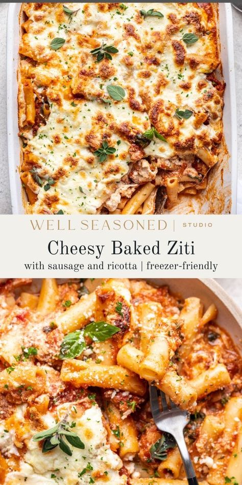 Baked Ziti with Ricotta & Sausage is the ultimate comfort food. Perfectly al dente pasta, rich, creamy ricotta cheese, savory sausage, and a flavorful red sauce, all under a blanket of melted mozzarella. It just screams Sunday supper! Be sure to stick the baked ziti under the broiler just before serving to ensure golden brown bits in every slice. Make-ahead and freezer-friendly. #wellseasonedstudio #bakedziti #sausage #ricotta #bakedpasta Freezer Friendly Baked Ziti, Sausage Ricotta Pasta Bake, Sausage And Ricotta Pasta, Dump And Bake Baked Ziti, Baked Ziti With Ground Beef And Sausage, Baked Ziti Recipe With Ricotta, Baked Ziti With Italian Sausage Ricotta, Spicy Baked Ziti, Baked Ziti With Ground Beef And Ricotta