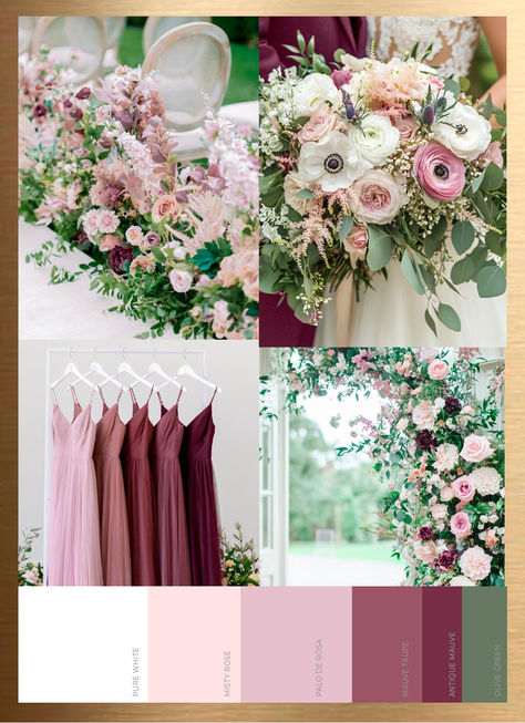 Together mauves and pinks, create a romantic and sophisticated wedding look, perfect for an elegant, timeless celebration. The pinks provide warmth and femininity, while the mauve adds a touch of depth and luxury, making it ideal for a wedding that feels both modern and classic. This palette works beautifully for floral arrangements, bridesmaid dresses, table settings, and invitations. Desert Rose Color Palette, Muted Pink Wedding, Mauve And Green Wedding, Mauve And Pink Wedding, Green And Pink Wedding Colors, Pink And Mauve Wedding, Purple Wedding Palette, Green Wedding Palette, Mauve Wedding Colors