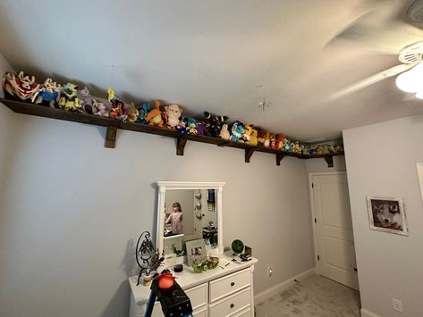 Stuffed Animal Shelves, Stuffed Animal Display Ideas Adult, Shelf For Stuffed Animals, Stuffed Animal Shelf, Shelves Over Bed, Long Wall Shelves, Stuffed Animal Displays, Pokémon Collection, Kids Room Shelves